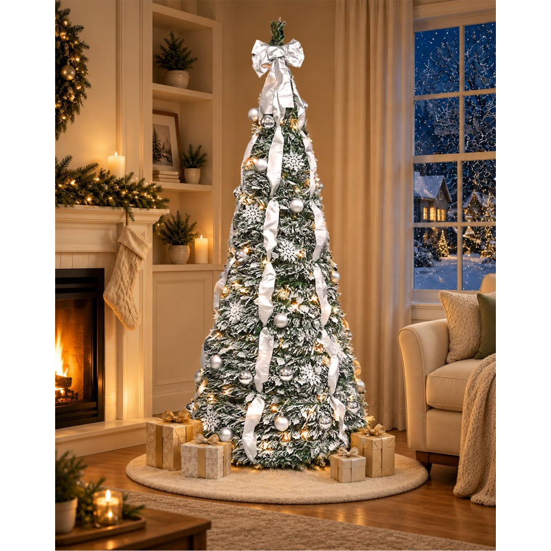 Sapin de Noël pliable de 1,80 m avec lumières, sapin de Noël pliable préilluminé recouvert de neige floquée avec des lumières chaudes, sapins de Noël pliables décorés pour les fêtes et les décorations de Noël