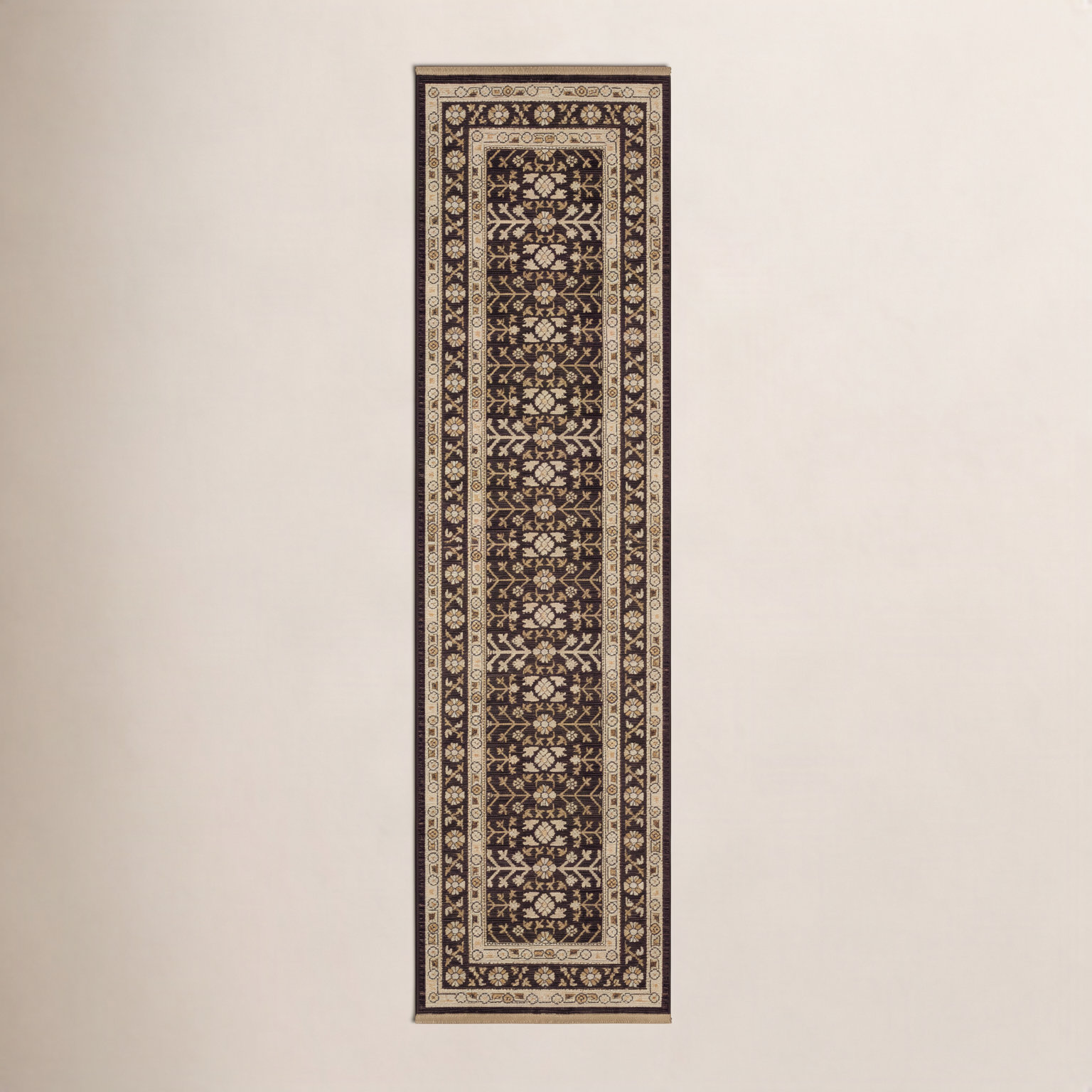 Abena Black Beige Floral Oriental Wool Rug, Runner 2'6" x 10'