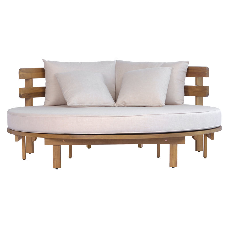 Topmax Outdoor Acacia Wood Round Lounge Chair, With Cushion And 4 Pillows, Perfect For The Backyard Or Poolside, Beige