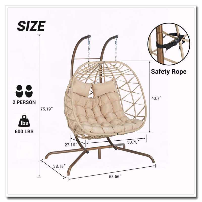 Double Hanging Egg Chair with Stand and UV-Resistant Cushions, Light Yellow, Natural, Khaki