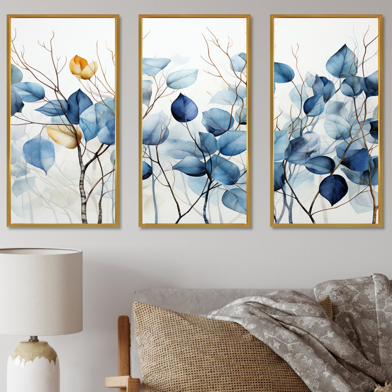 Ensemble d'art mural bleu et gris sur une branche II - feuilles, Cadre flottant doré, H 32 po x l 48 po x P 1 po