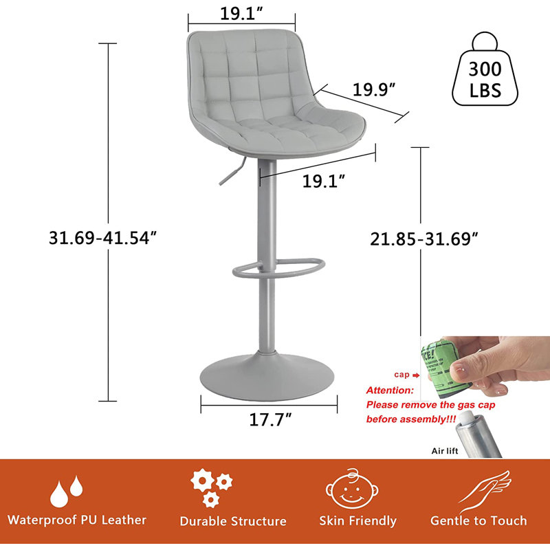 Lochie Swivel Adjustable Height Bar Stools Faux Leather Modern Barstools Upholstered Counter Stools, Grey