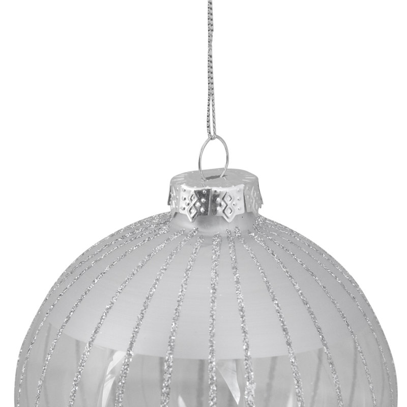 4" Clear and Silver Glitter Striped Glass Christmas Ball Ornament