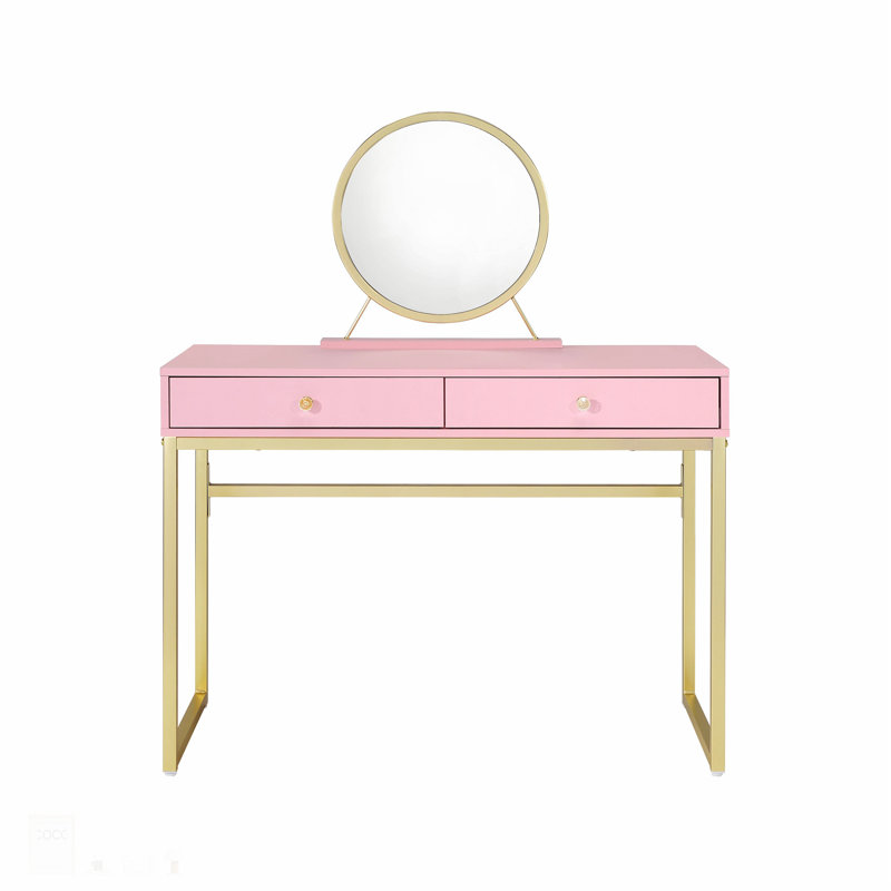 Elegant Pink & Gold Finish Vanity Desk with Mirror and Jewelry Tray, Perfect for Glamorous and Functional Bedroom Decor.