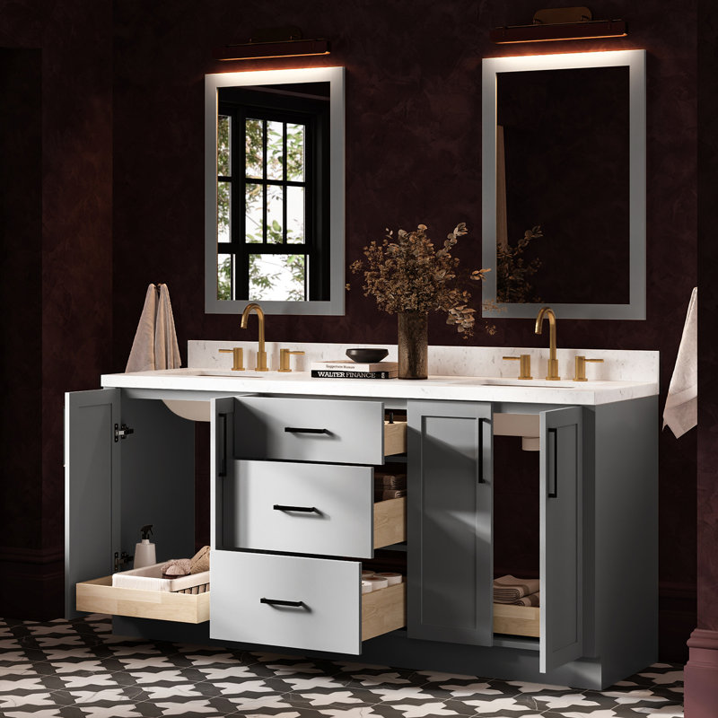 Meuble-lavabo double rectangulaire de 183 cm (72 po) avec comptoir en quartz blanc de Carrare de 3,8 cm (1,5 po) d'épaisseur, finition grise.