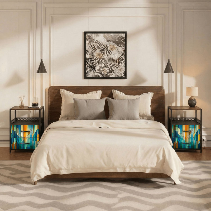 Table de chevet 2 tiroirs en tissu avec station de charge Vitrail abstrait bleu vibrant bleu sarcelle à motifs géométriques Table de chevet de chambre à coucher avec tablette et ports USB ouverts