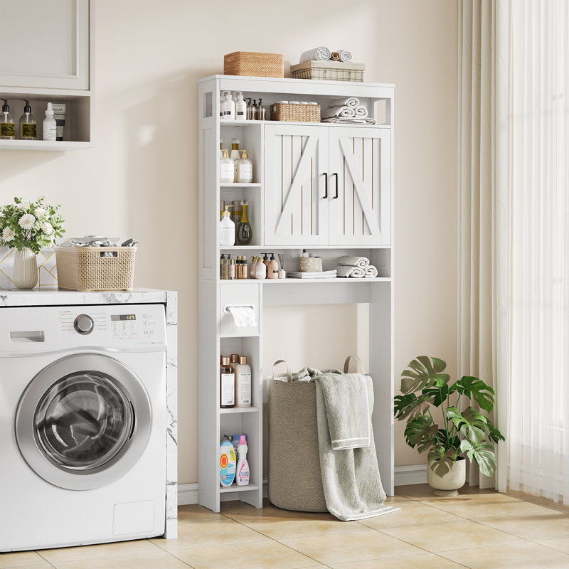 Farmhouse-inspired design brings decorative warmth to the room, while the freestanding frame is designed to fit over most standard toilets White