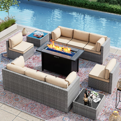 8-Person Outdoor Wicker Sectional Seating Group with Cushions and Fire Pit