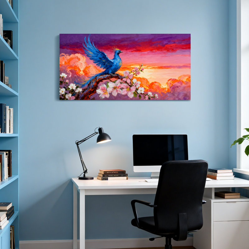 Animaux, oiseau bleu perché sur une branche en fleurs, ciel coucher de soleil, H 20 po x l 40 po