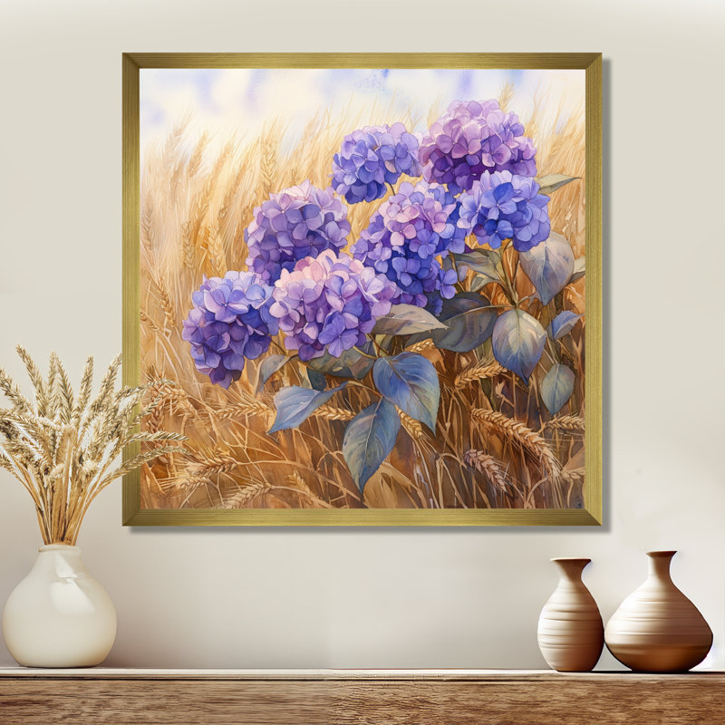 Hortensias dans le champ de blé - art mural sur toile Hydrangea, H 36 po x l 36 po, Reproduction encadrée d'une seule photo