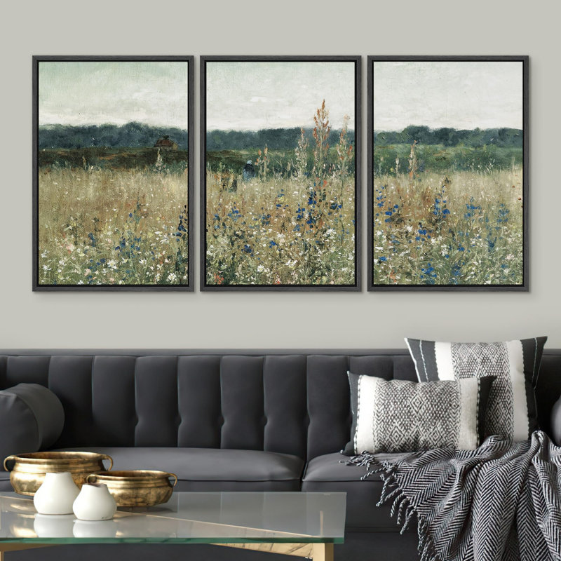 Rural Landscape " Pastoral Fields Rustic Wildflower Countryside Floral Landscape Illustration Rustic Artwork Ultra " 3 - Pieces