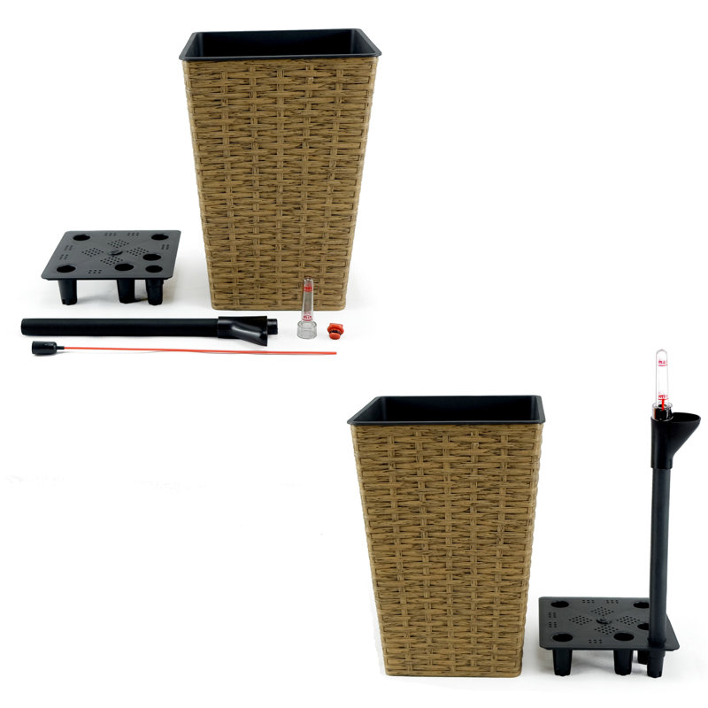 2 Hand Woven Self-Watering Planter Boxes - Brown . To And Frost. Easy Install. 7"X7"X7.8" & 9.4"X9.4"X13.8". Water Level Indicator Frost Protected. Put Together.