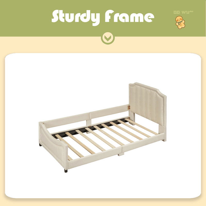 Twin Size Upholstered Daybed With Classic Stripe Shaped Headboard, Beige