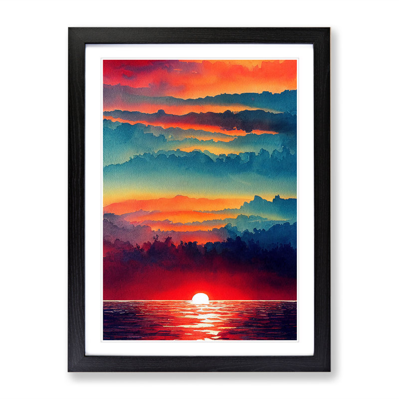 XV1022-4343X Sunset Watercolour No.2 - Single Picture Frame Print, Black , 64cm H x 46cm W x 2cm D