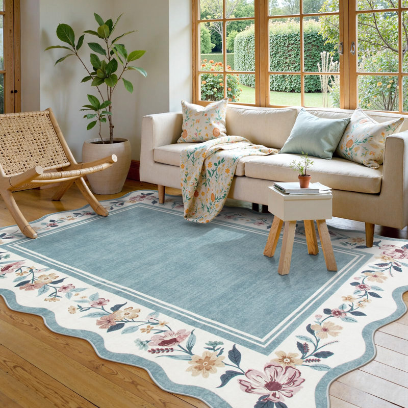  Floral Scalloped Rug Vintage Boho Washable Area Rug Soft Bedroom Rugs Non-Slip Throw Carpet, Rectangle 5' x 7'