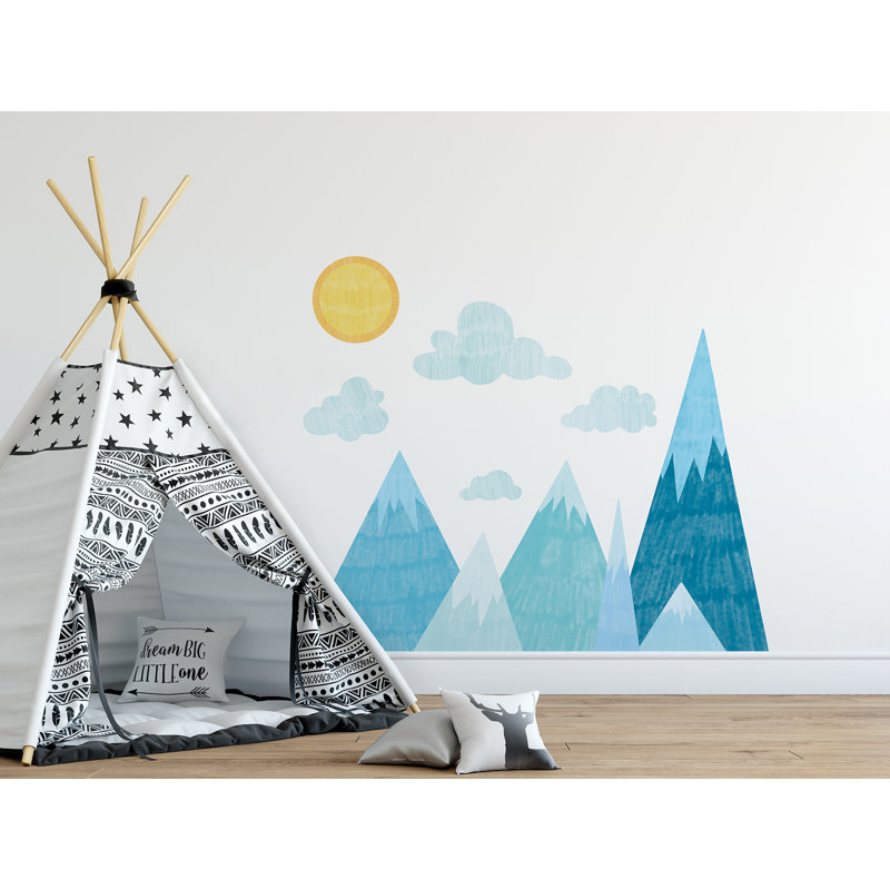 Blue Hand-Painted Mountain Wall Decal Set for Nursery