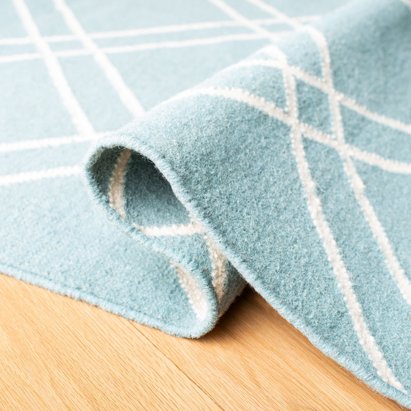 Rodgers Hand Woven Flat Weave Wool/Cotton Geometric Rug in Blue, Runner 2'6" x 8'