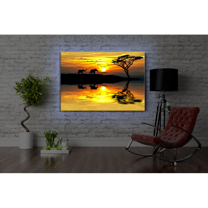 Elephants In African Steppe by No - Wrapped Canvas Print, With lighting, 60cm H x 80cm W x 4.5cm D
