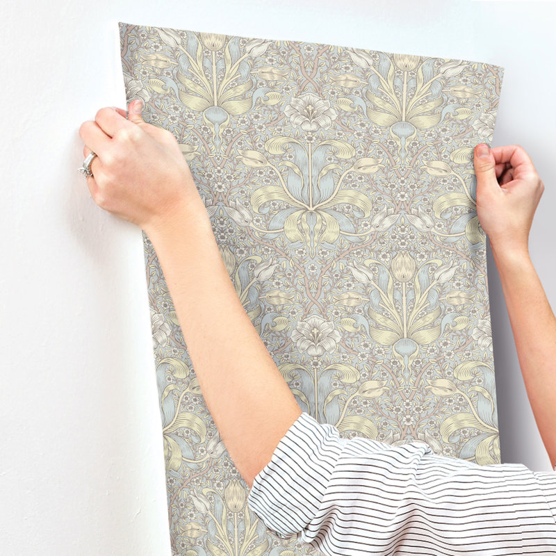 Spring Thicket Blue Tulip Damask Wallpaper, Light Gray