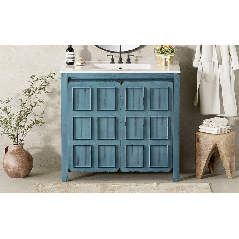Organisateur de meuble-lavabo 36 "avec lavabo en céramique, Bleu rétro