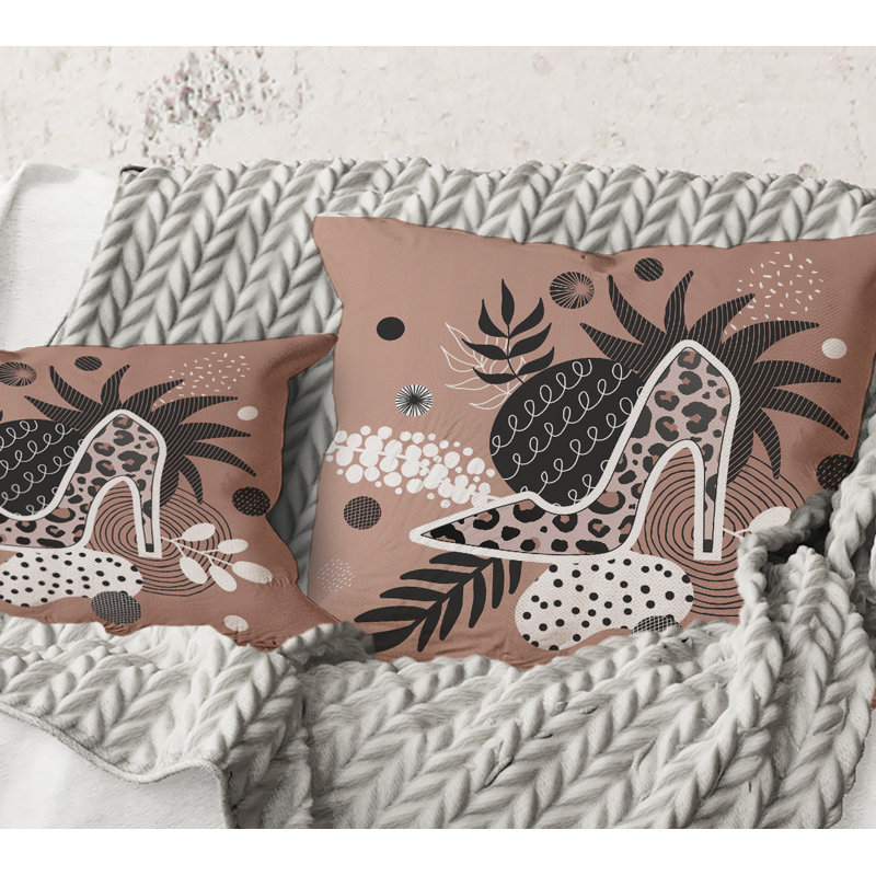 Carré, chaussures à talon haut léopard, feuilles tropicales - Coussin décoratif imprimé moderne, 16" x 16"