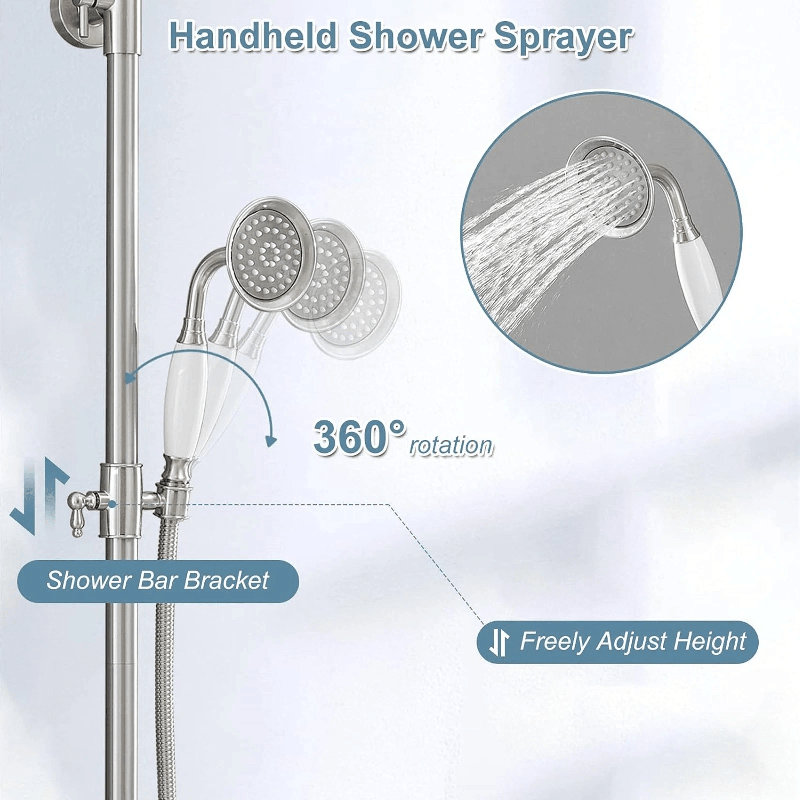 Système de douche apparent en nickel brossé avec bec de baignoire pivotant, ensemble de robinetterie de douche, pommeau de douche effet pluie de 20 cm avec douchette, double poignée en croix