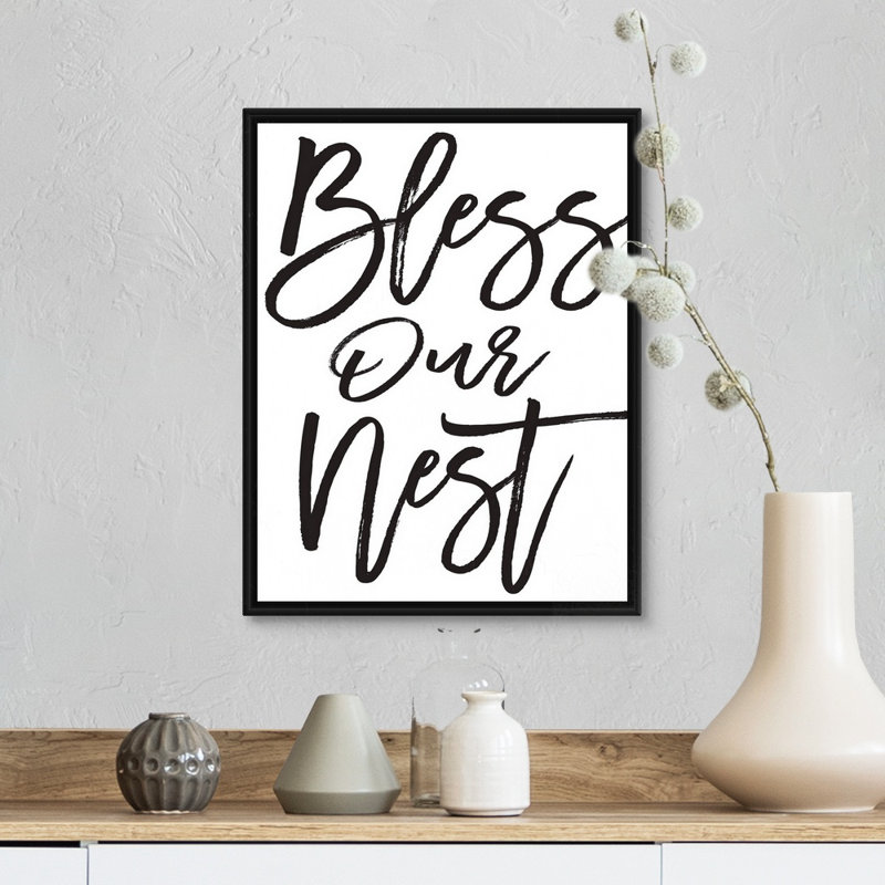 «Family Quotes - Bless our Nest», reproduction d'art textuel sur toile, H 16 po x l 13 po x P 1,75 po, Cadre flottant noir