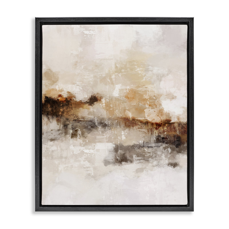 Beige et brun abstrait, H 25 po x l 31 po, Cadre flottant noir de jais