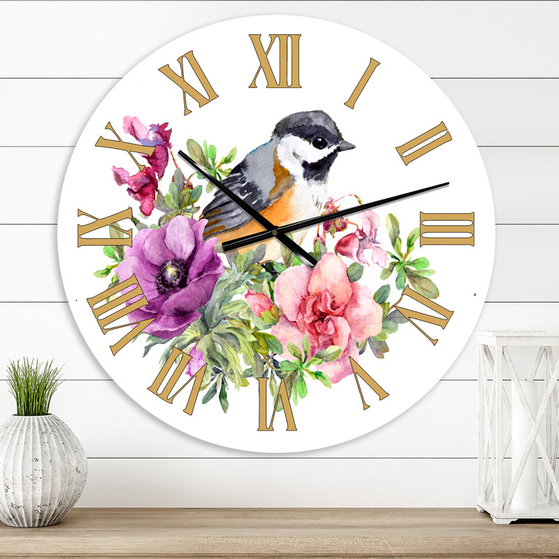 Mignon oiseau en fleurs roses et mauves - Horloge murale traditionnelle, Petit