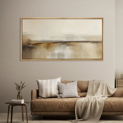 Neutral Earth Tone Abstract Horizon Framed Canvas Wall Art - Minimalist Modern Artwork for Office or Living Room