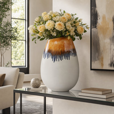 Grand vase décoratif en céramique à glaçure coulante, idéal pour décorer une table – Vase artistique pour le salon ou la cuisine – Blanc et orange