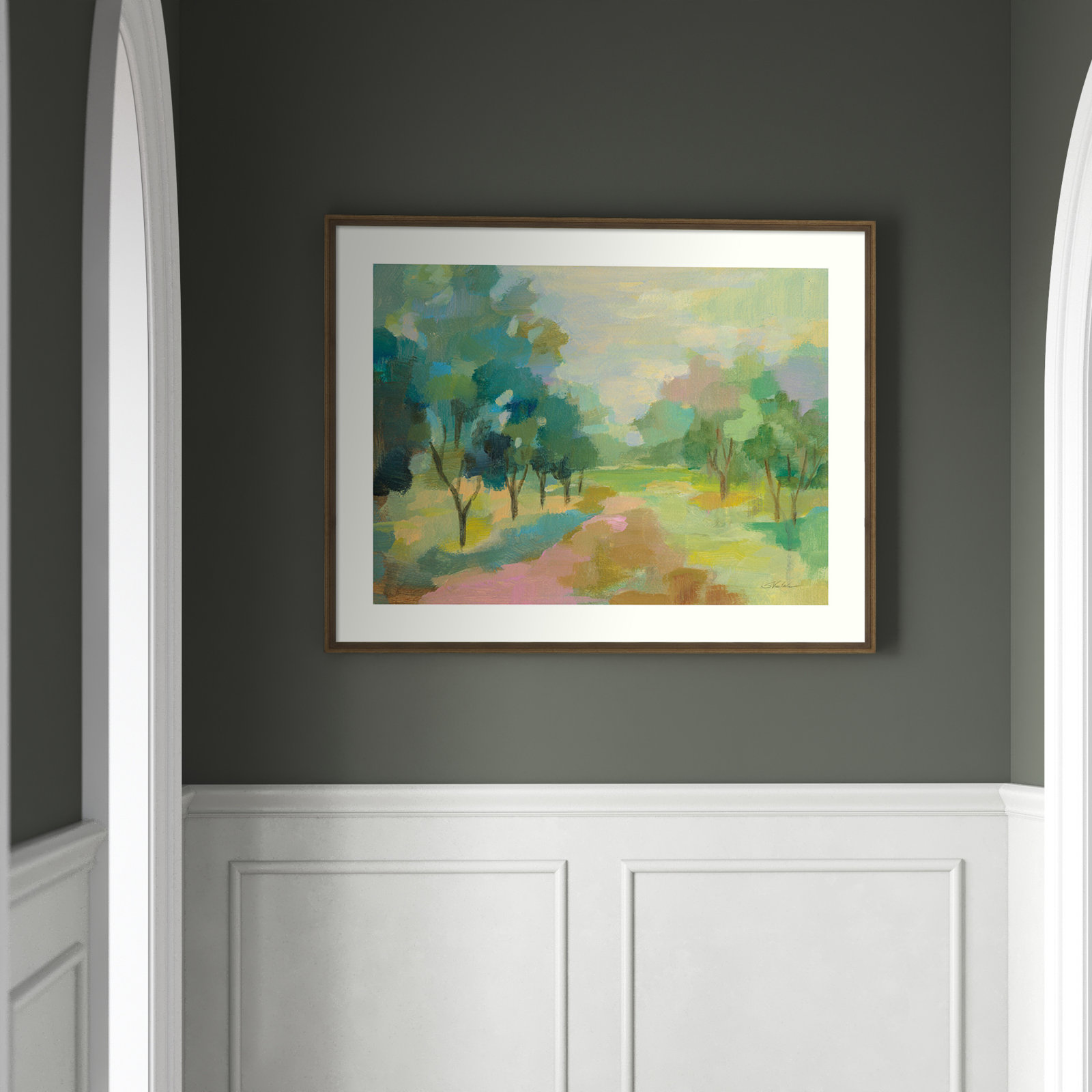 Sunrise Forest Painting by Silvia Vassileva, Light Bronze Framed Paper, 28" H x 35" W