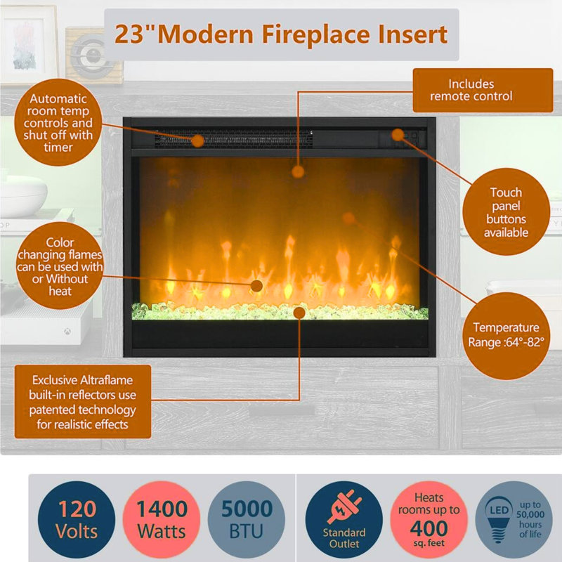 23" Ultra Thin Electric Fireplace Heater Insert With Sidelight – Remote Control, Timer, Overheating Protection, Crystal & Realistic Flame