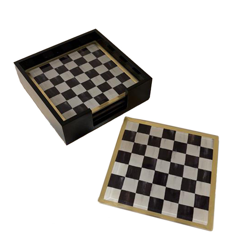 Mocha Check Glass Coasters, Courtly