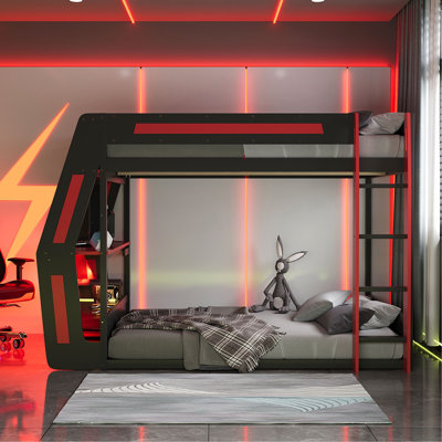 Full-Size Gaming Bunk Bed with Side-Mounted Oversized RGB Desk, USB Charging Ports & Cable Grommet, LED Light Strip, Heavy-Duty Esports Loft Frame – Cool Design-Red