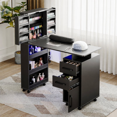 Professional Manicure Table Nail Desk with Lockable Swivel Casters, Side Display Cabinet, Expandable 4-Tier Sliding Storage, Built-in Dust Collector, LED Light Strip & Wrist Cushion