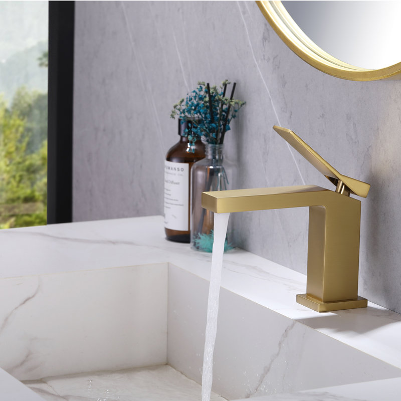 Robinet de lavabo de salle de bain monocorps à poignée simple avec ensemble de drain optionnel, Or brossé, Drainage inclus