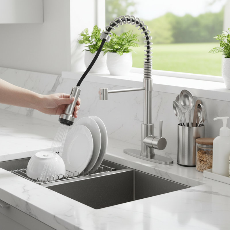 Commercial Pull Down Kitchen Faucet With 4-function Sprayer, Single Handle Spring Sink Faucet In Brushed Nickel (deck Plate Included)