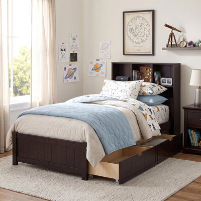 Twin Size Wood Platform Bed with Bookcase Headboard, Built-in Downlight, Charging Station, and 2 Side Drawers