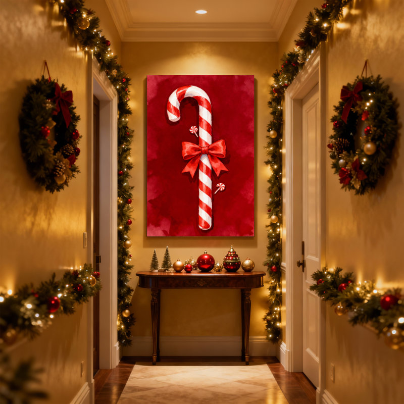 Ensemble de 3 impressions sur toile, canne de Noël avec arc rouge et sucettes, H 18 po x l 12 po
