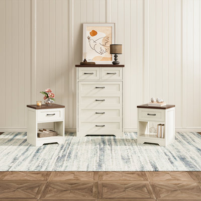 Ensemble de chambre à coucher 2 pièces Elmhurst - Commode 6 tiroirs et 2 tables de chevet avec tiroir et rangement ouvert