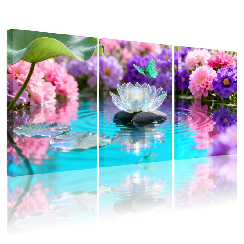 Ensemble de 3 tableaux sur toile tendue représentant un jardin de lotus et de papillons, H 36 po x l 72 po