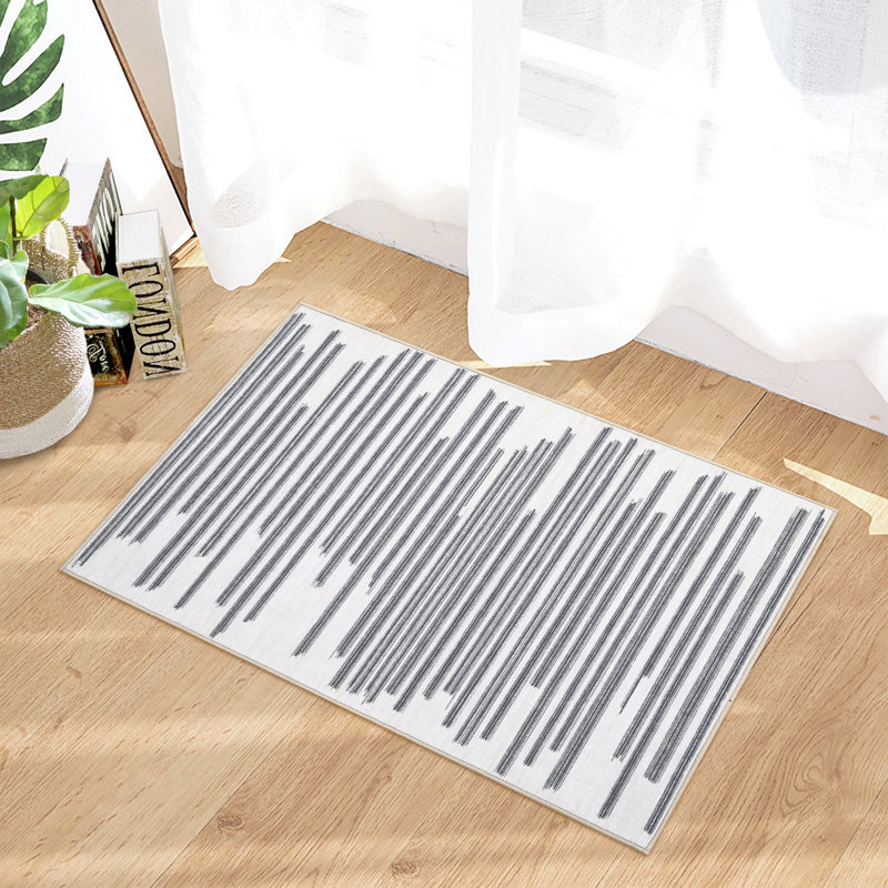 Tapis contemporain délavé à motifs abstraits et lavables avec lignes à rayures, gris, Rectangle 2 pi x 3 pi