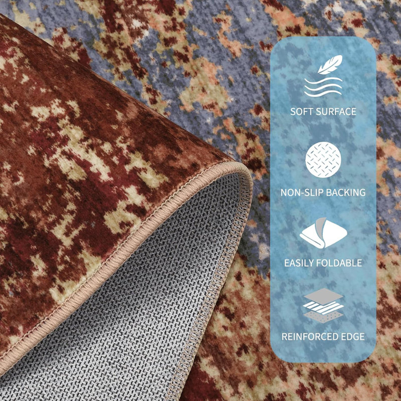 Abstract Art-Inspired Thin Indoor Rug, Distressed Oil Painting Pattern Low Pile Area Mat with Soft Surface, Easy to Clean & Stain Resistant for Living Room, Bedroom, Entryway, Study