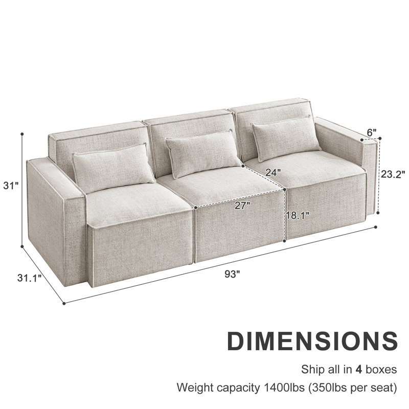 Canapé modulaire à accoudoirs carrés 93 po Taufner, 100 % lin beige