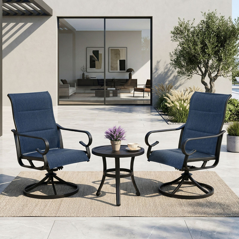 Ensemble bistro 3 pièces avec chaises pivotantes et table d'appoint Textilene, Noir / Bleu