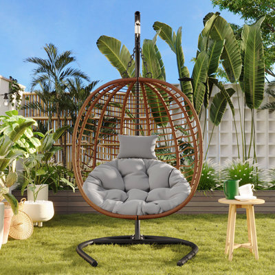 Fauteuil à œufs pliant pour une personne avec support, chaise à œufs suspendue à l'intérieur et à l'extérieur, hamac en osier avec pieds réglables antidérapants, convient au balcon, à la chambre à coucher, au jardin