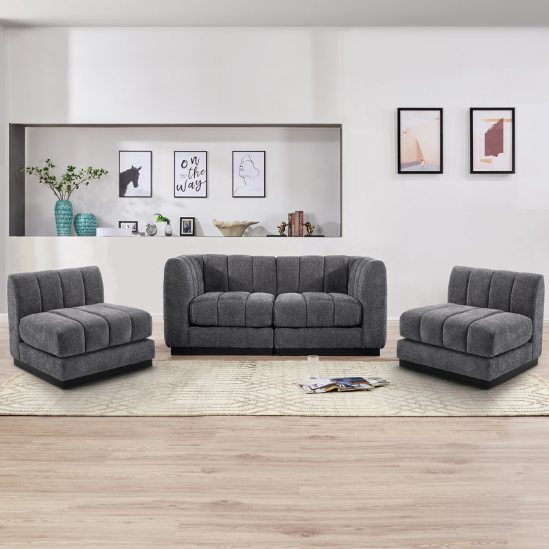 Myrhn Modular Sectional,  4-Seater Contemporary Sleeper Bed with Solid Wood Base, Gray