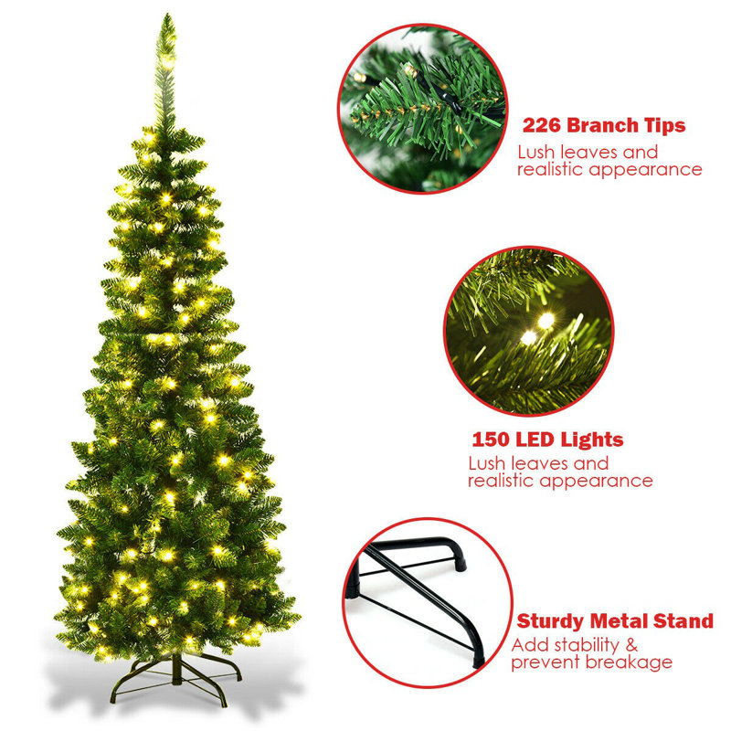 Arbre de Noël élancé vert avec lumières DEL