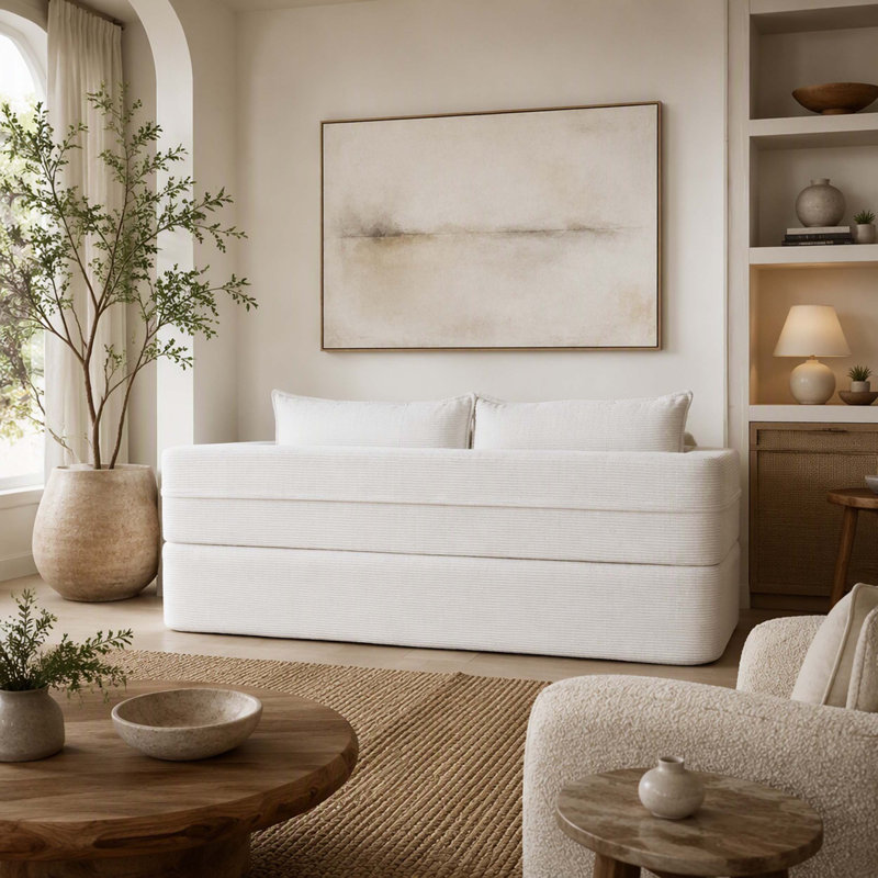 Modern Corduroy Floor Convertible Sofa Bed Folding Sleeper Couch with High-Density Foam Mattress No Assembly Require for Living Room & Small Apartments Off White